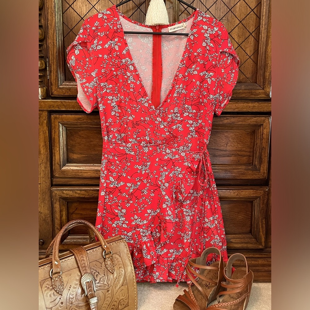 Red dress with white/black flowers size medium